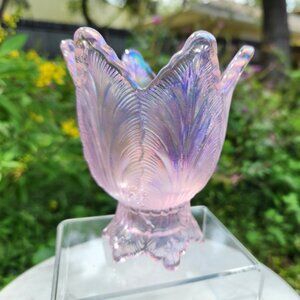 Glass Candle Holder Two Way Tulip Votive Taper Pink Iridescent Opal